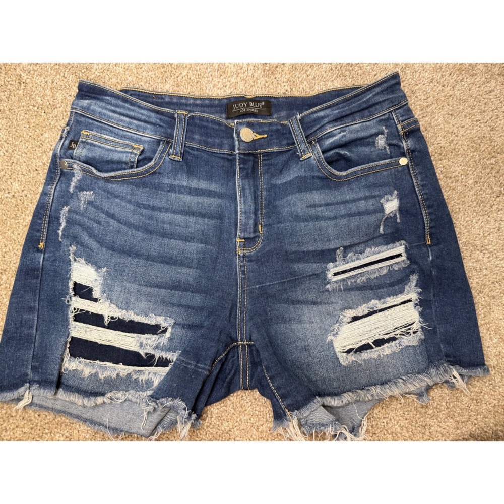 Judy Blue Distressed Denim Shorts Dark Wash Frayed Hem JB15205DK Womens‎ Large